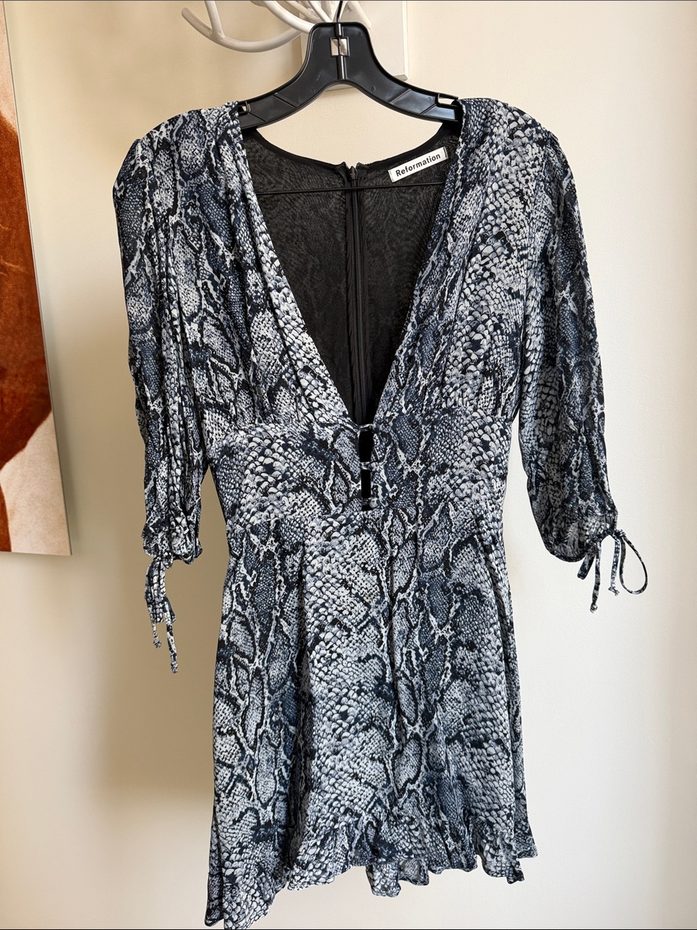 Reformation Black & Gray Snake-Print V-Neck Mini Dress